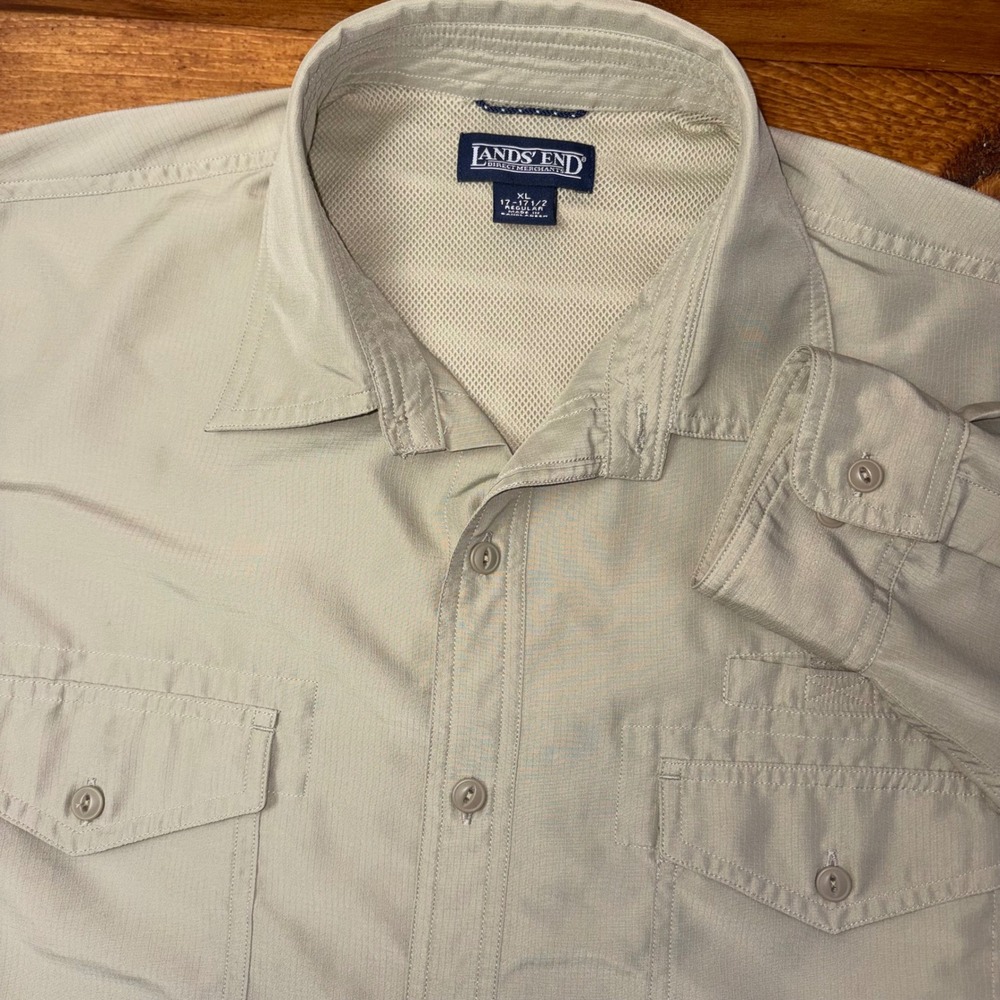 Lands End Fishing Shirt Mens XL Tan Long Sleeve Vented Ripstop Utility Button Up